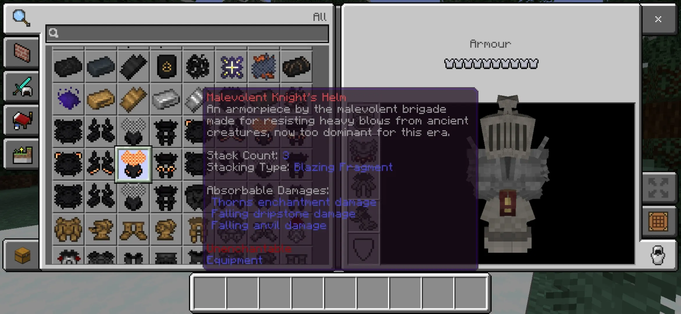 Info from Knights Armoury Mod for Minecraft PE