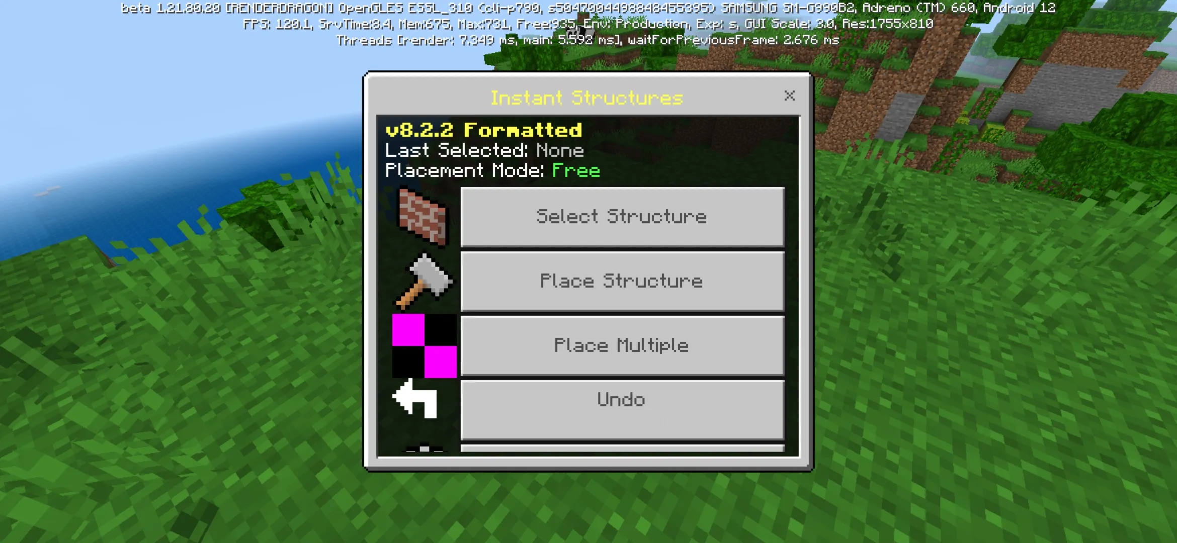 Menu from Instant Structures Mod for Minecraft PE