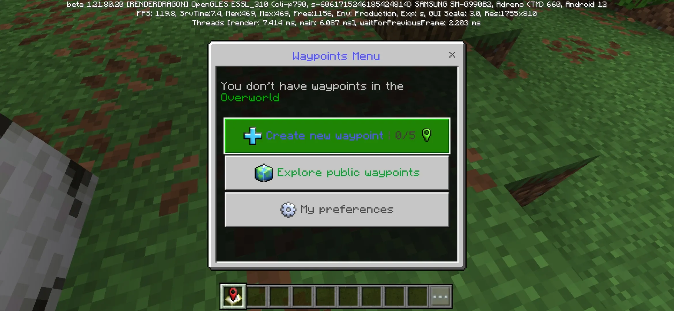 Menu from Waypoint Mod for Minecraft PE