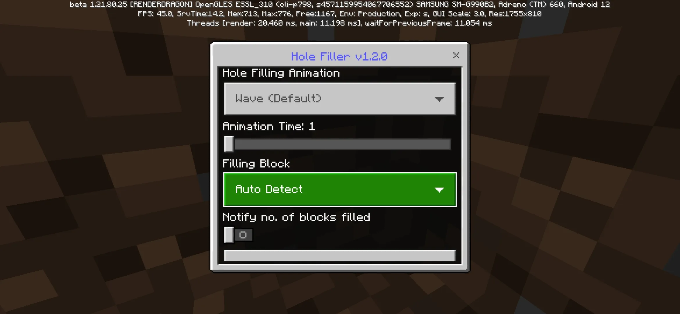 Settings from Hole Filler Mod for Minecraft PE