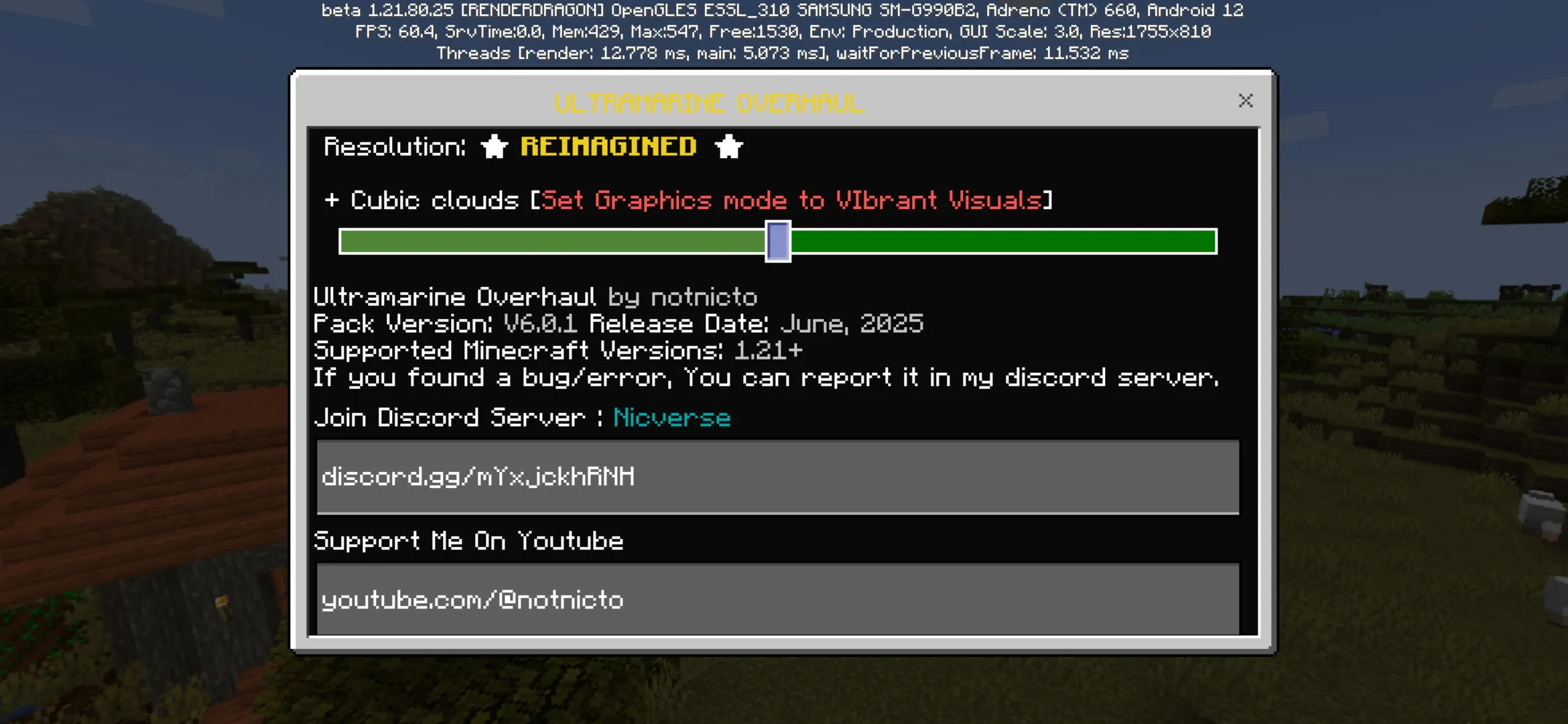 Settings from Ultramarine Overhaul Texture Pack for Minecraft PE