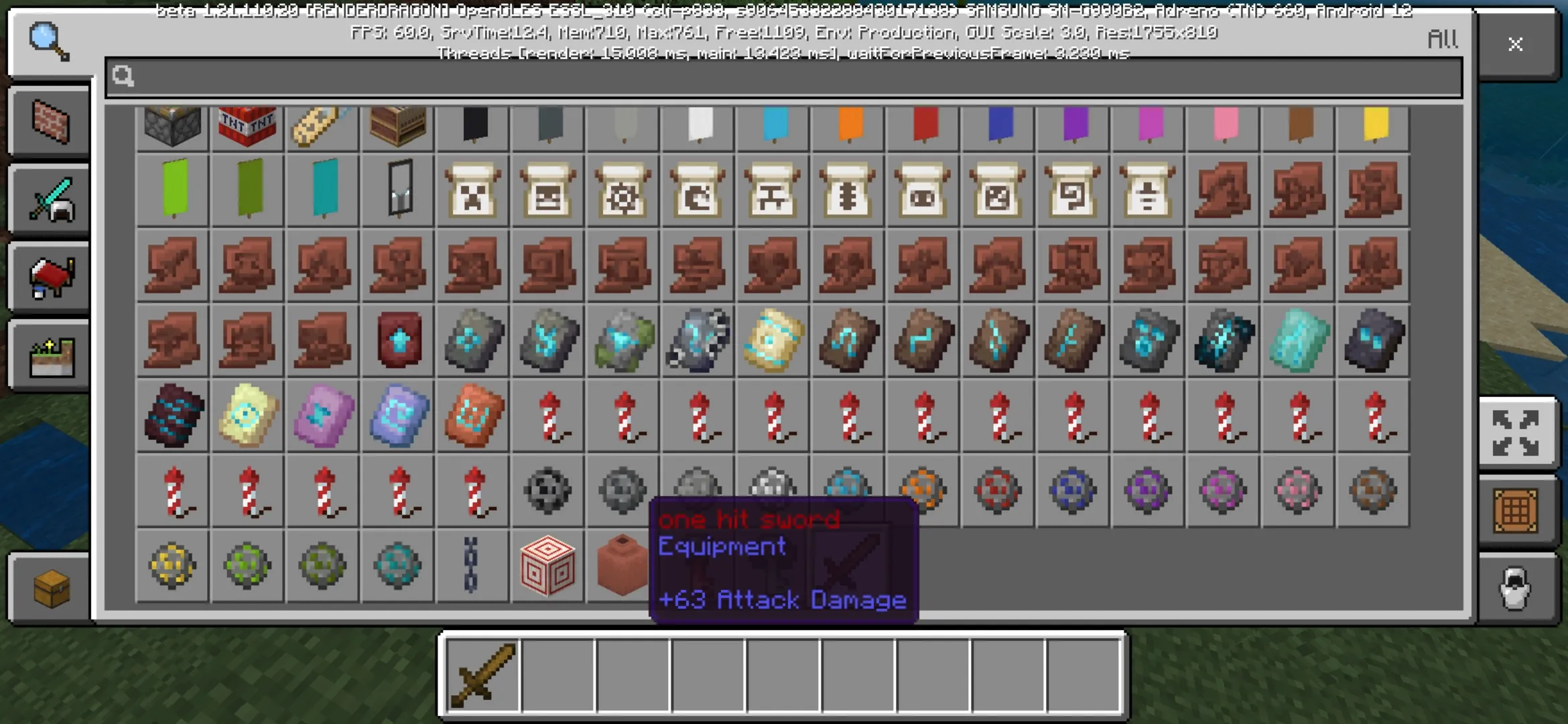 Inventory from One Hit Sword Mod for Minecraft PE