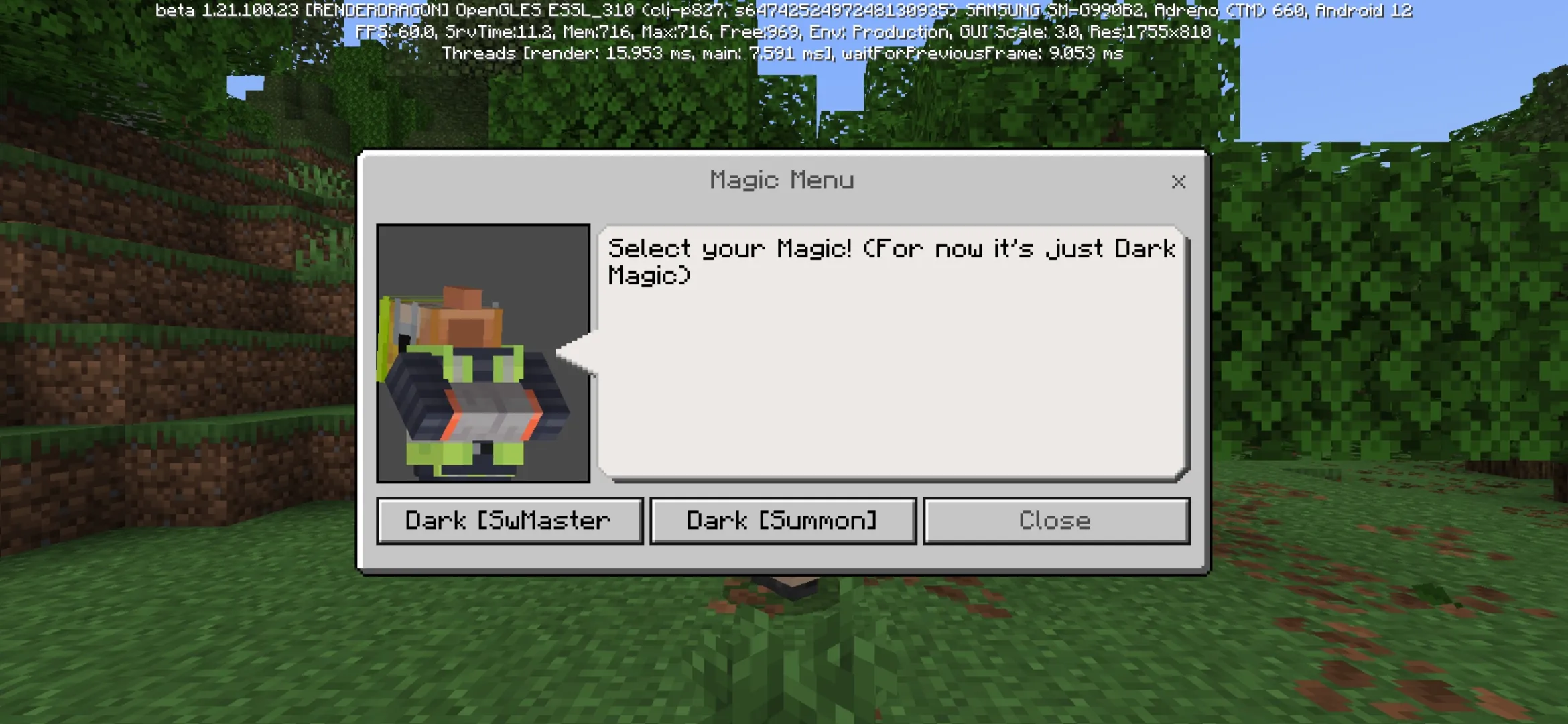 Menu from Dark Magic Mod for Minecraft PE