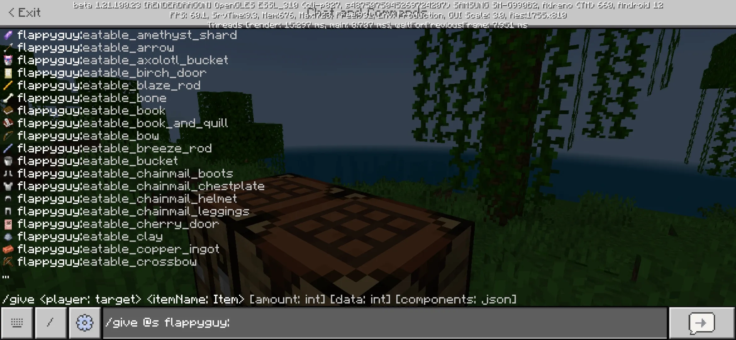 Commands from Eatable Items Mod for Minecraft PE