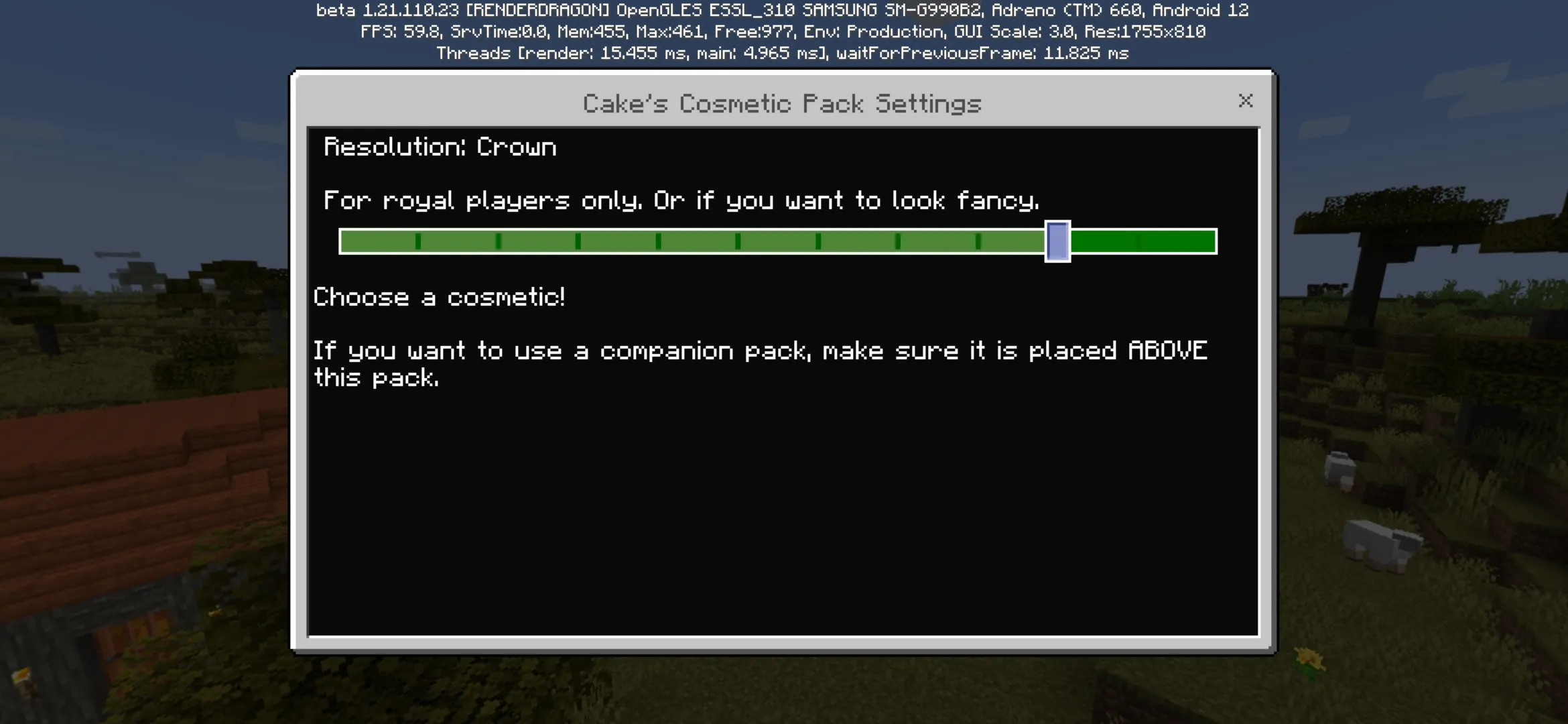Settings from Cakes Cosmetic Mod for Minecraft PE