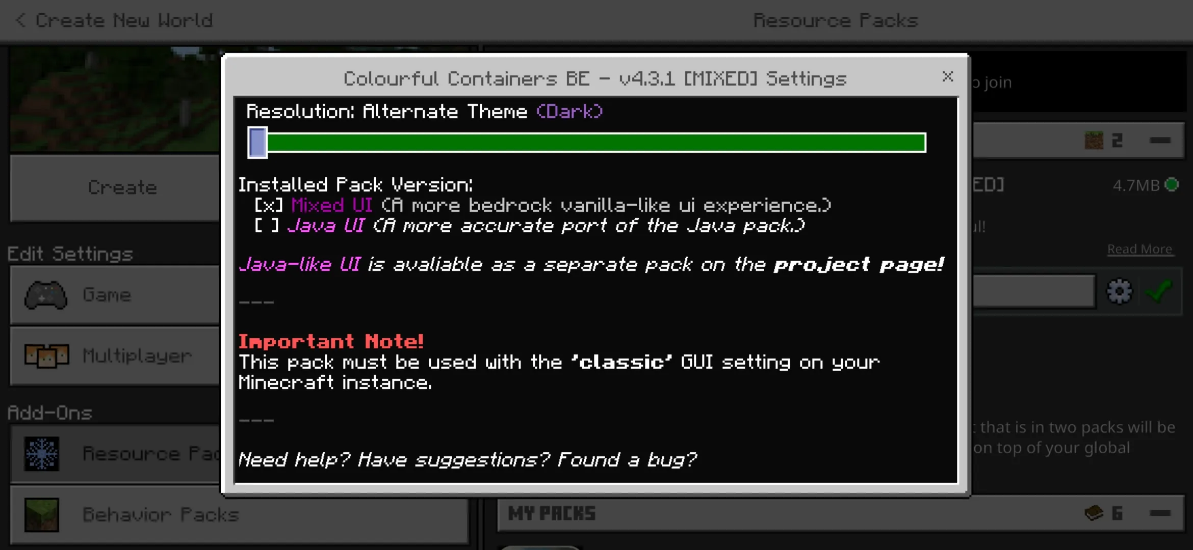 Settings from Colorful Containers Texture Pack for Minecraft PE