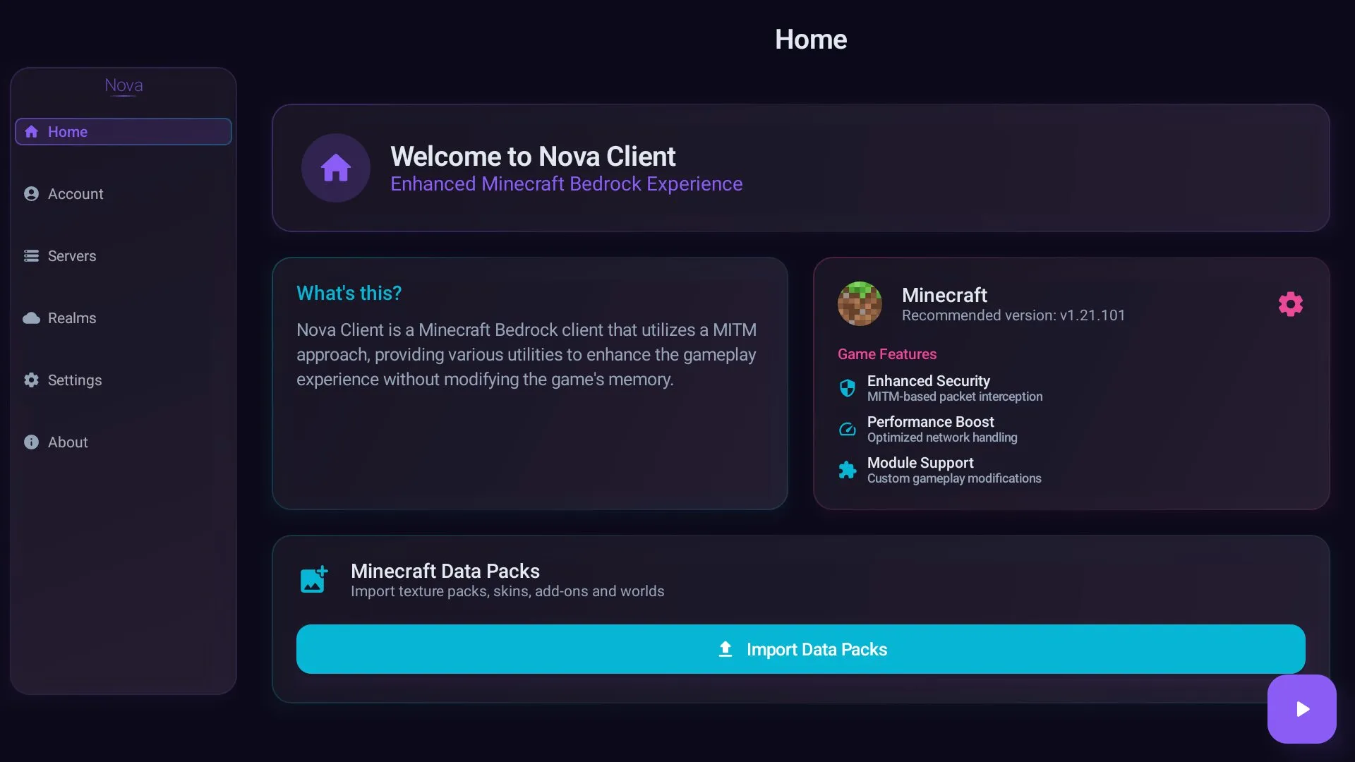 App from client nova from Minecraft PE 1.21