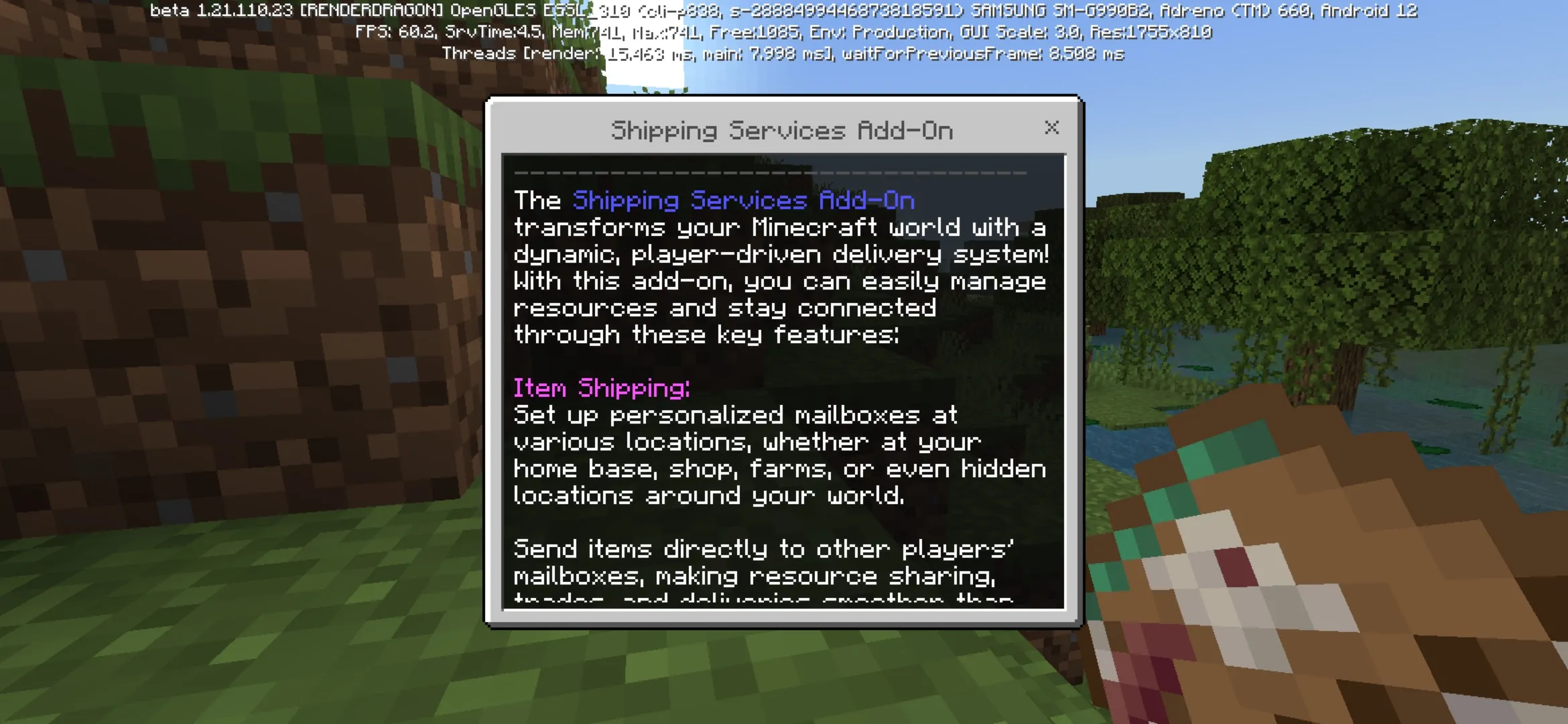 Info from Shipping Mod for Minecraft PE